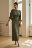 Load image into Gallery viewer, Olive Satin Sheath Boat Neck Long Wedding Guest Dress with Feathers