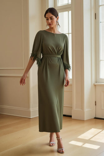 Olive Satin Sheath Boat Neck Long Wedding Guest Dress with Feathers