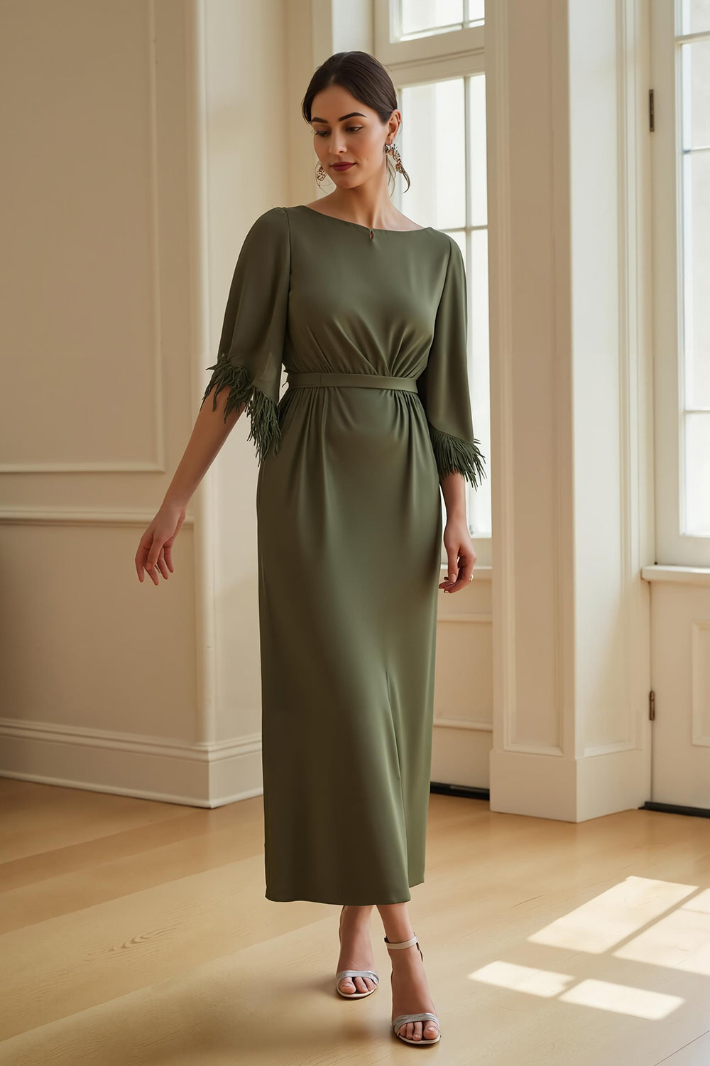 Olive Satin Sheath Boat Neck Long Wedding Guest Dress with Feathers