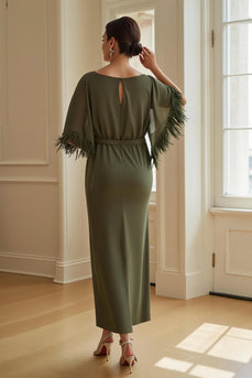 Olive Satin Sheath Boat Neck Long Wedding Guest Dress with Feathers