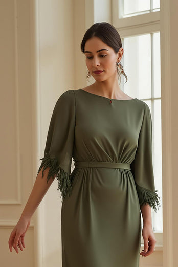 Olive Satin Sheath Boat Neck Long Wedding Guest Dress with Feathers