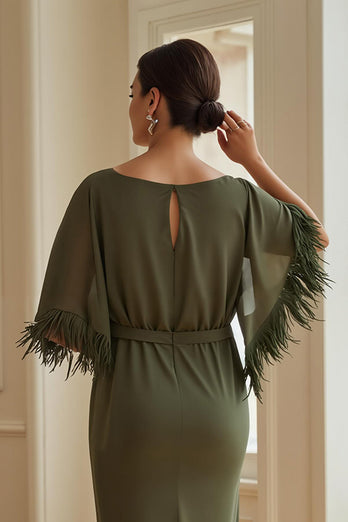 Olive Satin Sheath Boat Neck Long Wedding Guest Dress with Feathers
