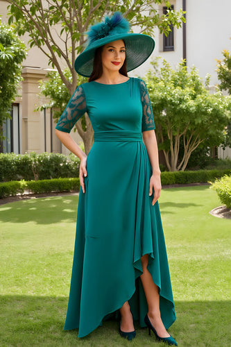 Pine Boat Neck A-Line Long Mother of the Bride Dress with Sleeves
