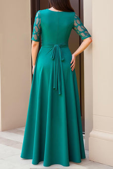 Pine Boat Neck A-Line Long Mother of the Bride Dress with Sleeves