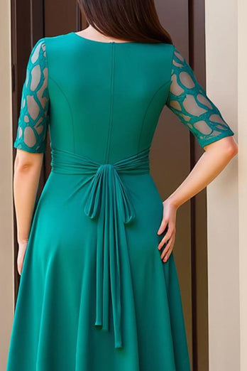Pine Boat Neck A-Line Long Mother of the Bride Dress with Sleeves