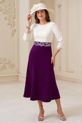 Navy A Line Boat Neck Midi Mother of the Bride Dress with Appliques