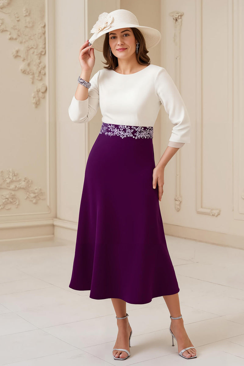 Load image into Gallery viewer, Navy A Line Boat Neck Midi Mother of the Bride Dress with Appliques