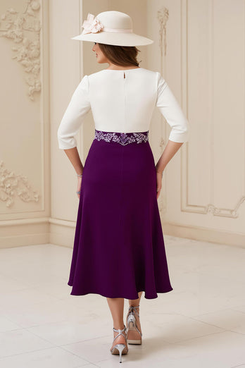 Navy A Line Boat Neck Midi Mother of the Bride Dress with Appliques