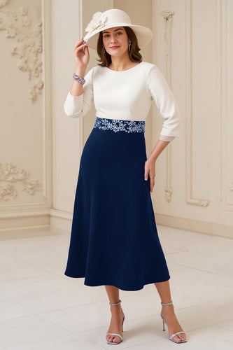 Navy A Line Boat Neck Midi Mother of the Bride Dress with Appliques