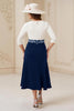 Load image into Gallery viewer, Navy A Line Boat Neck Midi Mother of the Bride Dress with Appliques