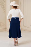 Load image into Gallery viewer, Navy A Line Boat Neck Midi Mother of the Bride Dress with Appliques