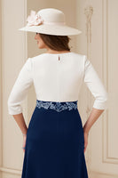 Load image into Gallery viewer, Navy A Line Boat Neck Midi Mother of the Bride Dress with Appliques