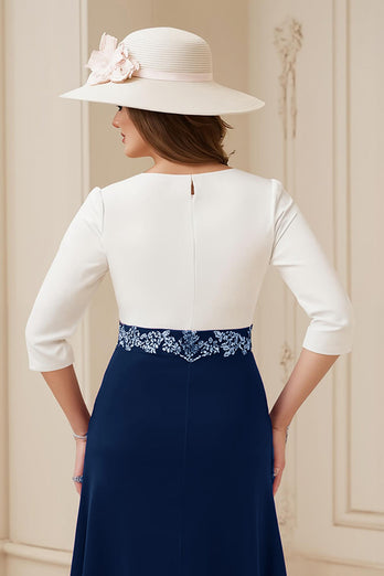 Navy A Line Boat Neck Midi Mother of the Bride Dress with Appliques