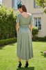 Load image into Gallery viewer, Eucalyptus Satin Sheath Boat Neck Long Wedding Guest Dress