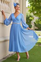 Load image into Gallery viewer, Light Blue Chiffon V-Neck A Line Long Wedding Guest Dress