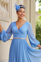Load image into Gallery viewer, Light Blue Chiffon V-Neck A Line Long Wedding Guest Dress