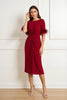 Load image into Gallery viewer, Dark Red Satin Sheath Boat Neck Midi Wedding Guest Dress