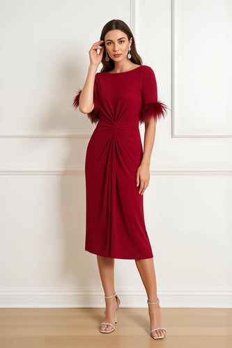 Dark Red Satin Sheath Boat Neck Midi Wedding Guest Dress