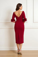 Load image into Gallery viewer, Dark Red Satin Sheath Boat Neck Midi Wedding Guest Dress