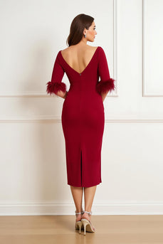Dark Red Satin Sheath Boat Neck Midi Wedding Guest Dress
