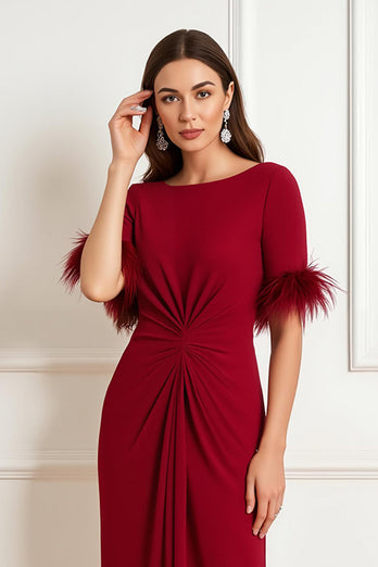 Dark Red Satin Sheath Boat Neck Midi Wedding Guest Dress