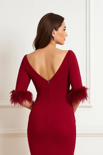 Dark Red Satin Sheath Boat Neck Midi Wedding Guest Dress