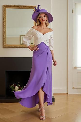 Purple Off The Shoulder Chiffon Long Wedding Guest Dress with Sleeves
