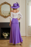 Load image into Gallery viewer, Purple Off The Shoulder Chiffon Long Wedding Guest Dress with Sleeves