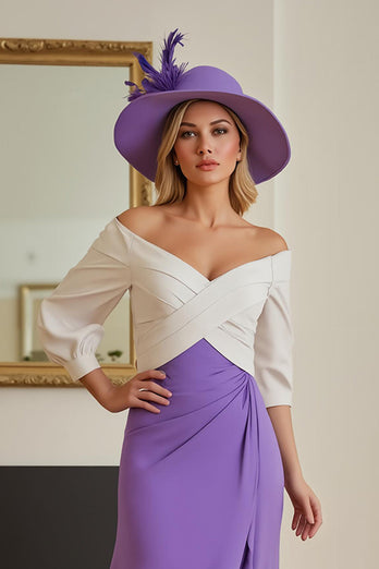 Purple Off The Shoulder Chiffon Long Wedding Guest Dress with Sleeves