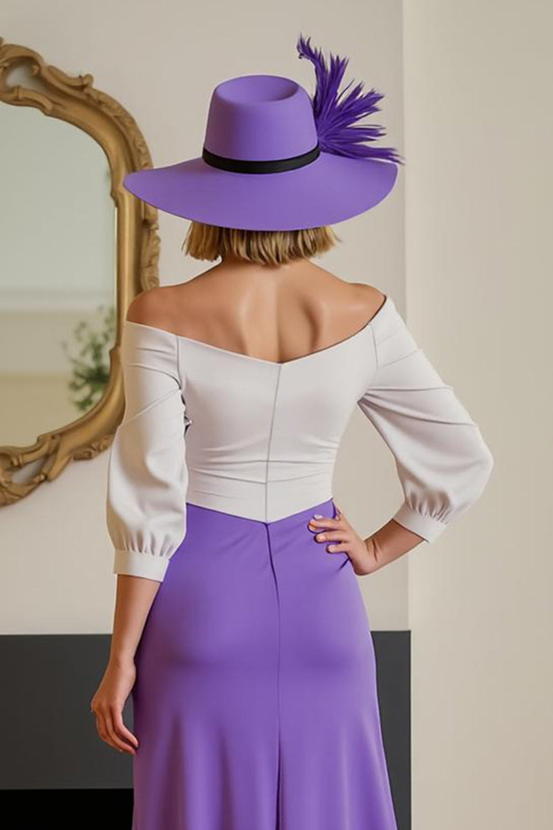 Load image into Gallery viewer, Purple Off The Shoulder Chiffon Long Wedding Guest Dress with Sleeves