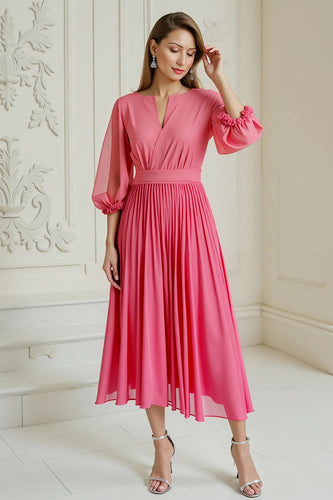 Hot Pink A Line Chiffon Long Wedding Guest Dress with Long Sleeves
