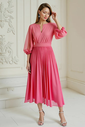 Hot Pink A Line Chiffon Long Wedding Guest Dress with Long Sleeves
