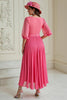 Load image into Gallery viewer, Hot Pink A Line Chiffon Long Wedding Guest Dress with Long Sleeves