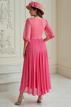 Hot Pink A Line Chiffon Long Wedding Guest Dress with Long Sleeves