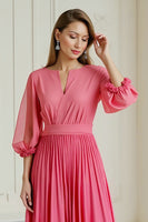 Load image into Gallery viewer, Hot Pink A Line Chiffon Long Wedding Guest Dress with Long Sleeves