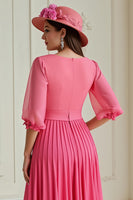 Load image into Gallery viewer, Hot Pink A Line Chiffon Long Wedding Guest Dress with Long Sleeves