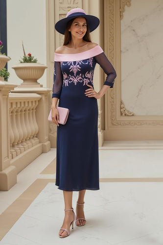 Navy Sheath Chiffon Long Mother of the Bride Dress with Appliques