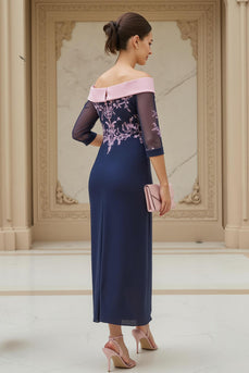 Navy Sheath Chiffon Long Mother of the Bride Dress with Appliques