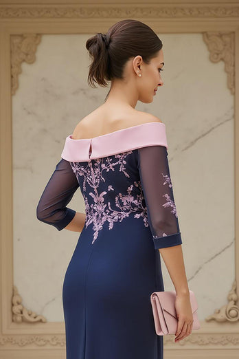 Navy Sheath Chiffon Long Mother of the Bride Dress with Appliques