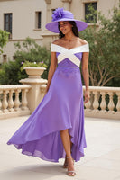 Load image into Gallery viewer, Purple A Line Off The Shoulder Long Wedding Guest Dress with Appliques