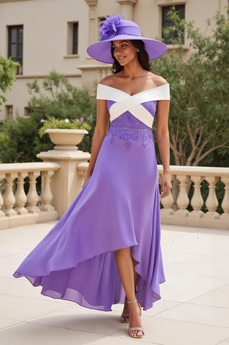 Purple A Line Off The Shoulder Long Wedding Guest Dress with Appliques