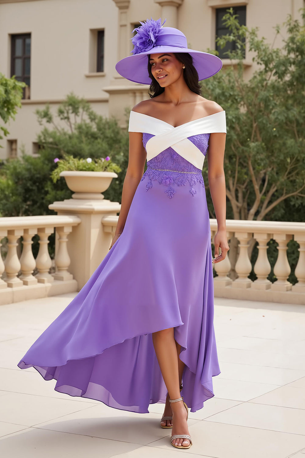 Purple A Line Off The Shoulder Long Wedding Guest Dress with Appliques