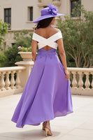 Load image into Gallery viewer, Purple A Line Off The Shoulder Long Wedding Guest Dress with Appliques