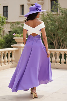 Purple A Line Off The Shoulder Long Wedding Guest Dress with Appliques