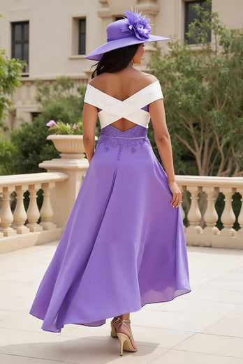 Purple A Line Off The Shoulder Long Wedding Guest Dress with Appliques