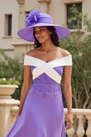 Load image into Gallery viewer, Purple A Line Off The Shoulder Long Wedding Guest Dress with Appliques