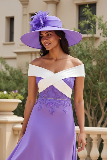Purple A Line Off The Shoulder Long Wedding Guest Dress with Appliques