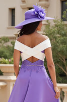 Load image into Gallery viewer, Purple A Line Off The Shoulder Long Wedding Guest Dress with Appliques