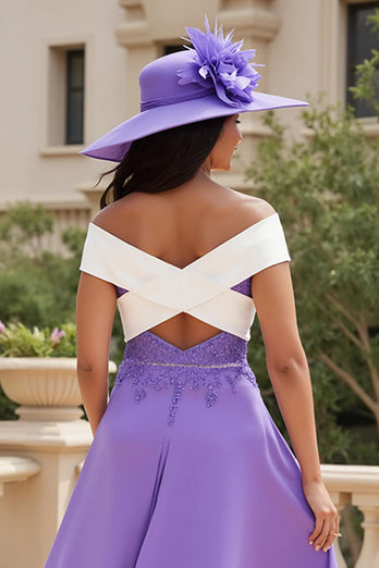 Purple A Line Off The Shoulder Long Wedding Guest Dress with Appliques