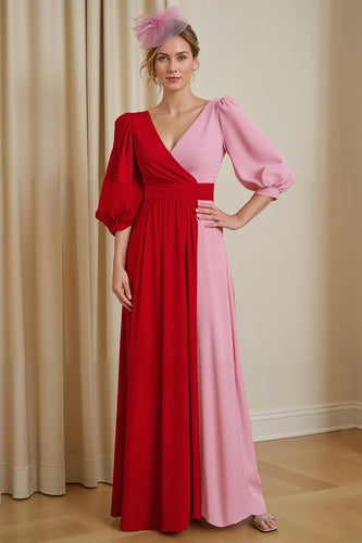 Red V-Neck Chiffon A Line Long Mother of the Bride Dress with Sleeves